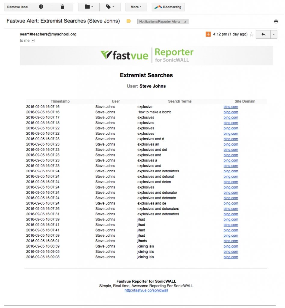 Extremist Searches Alert Email in Fastvue Reporter for SonicWALL
