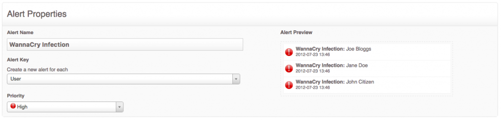 Alert Properties for WannaCry Ransomware