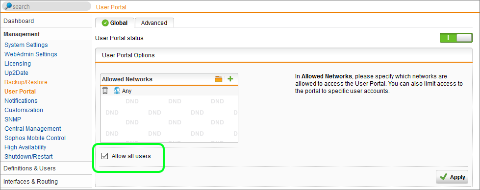 Enable user access to Sophos UTM User Portal